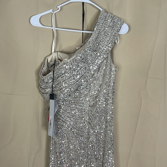 Ieena for Mac Duggal ONE-SHOULDER RUCHED SEQUINED GOWN in Nude - Picture 7 of 12